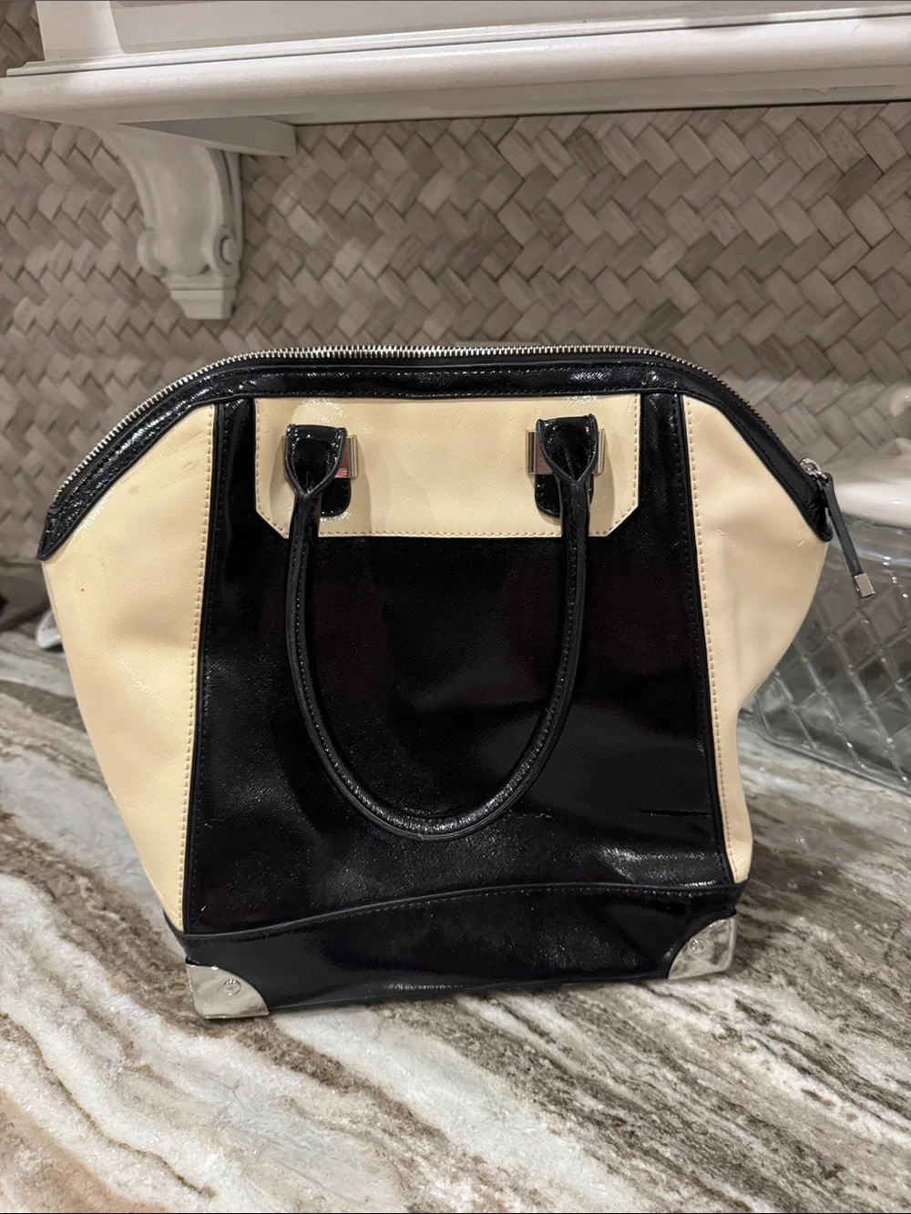 Patent Black and Cream Satchel with Silver Accents